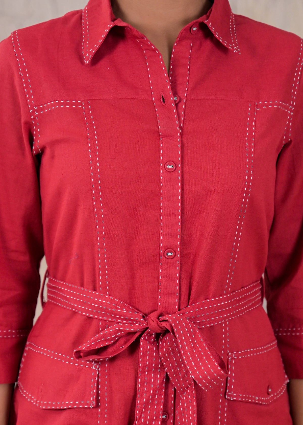 Contrast Stitch Belted Shirt Dress