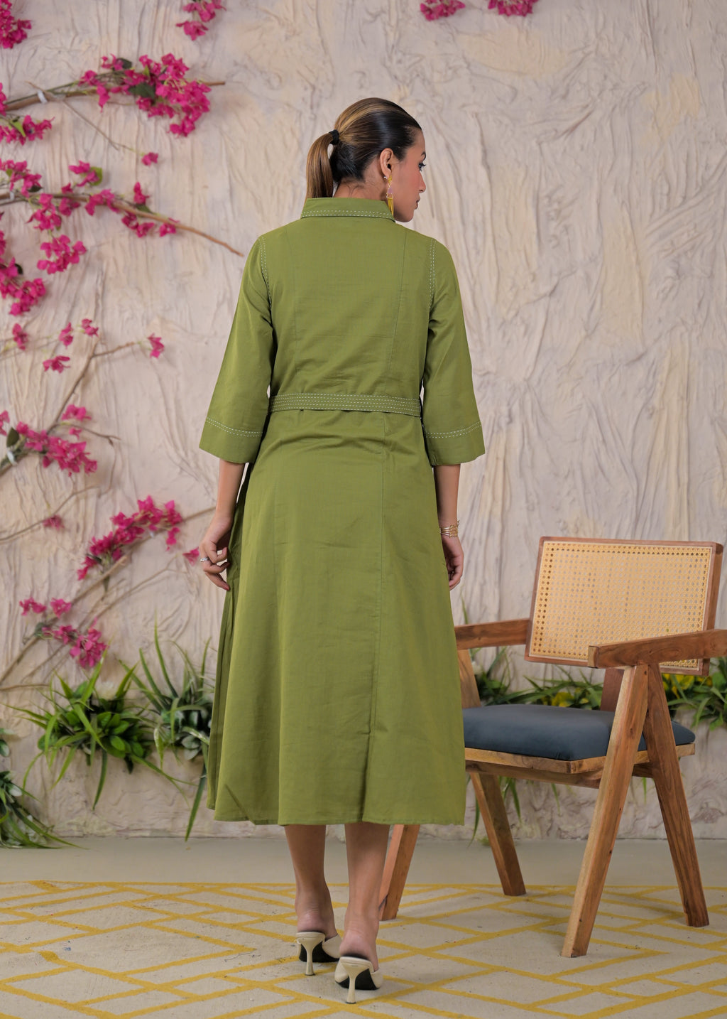 Contrast Stitch Belted Shirt Dress