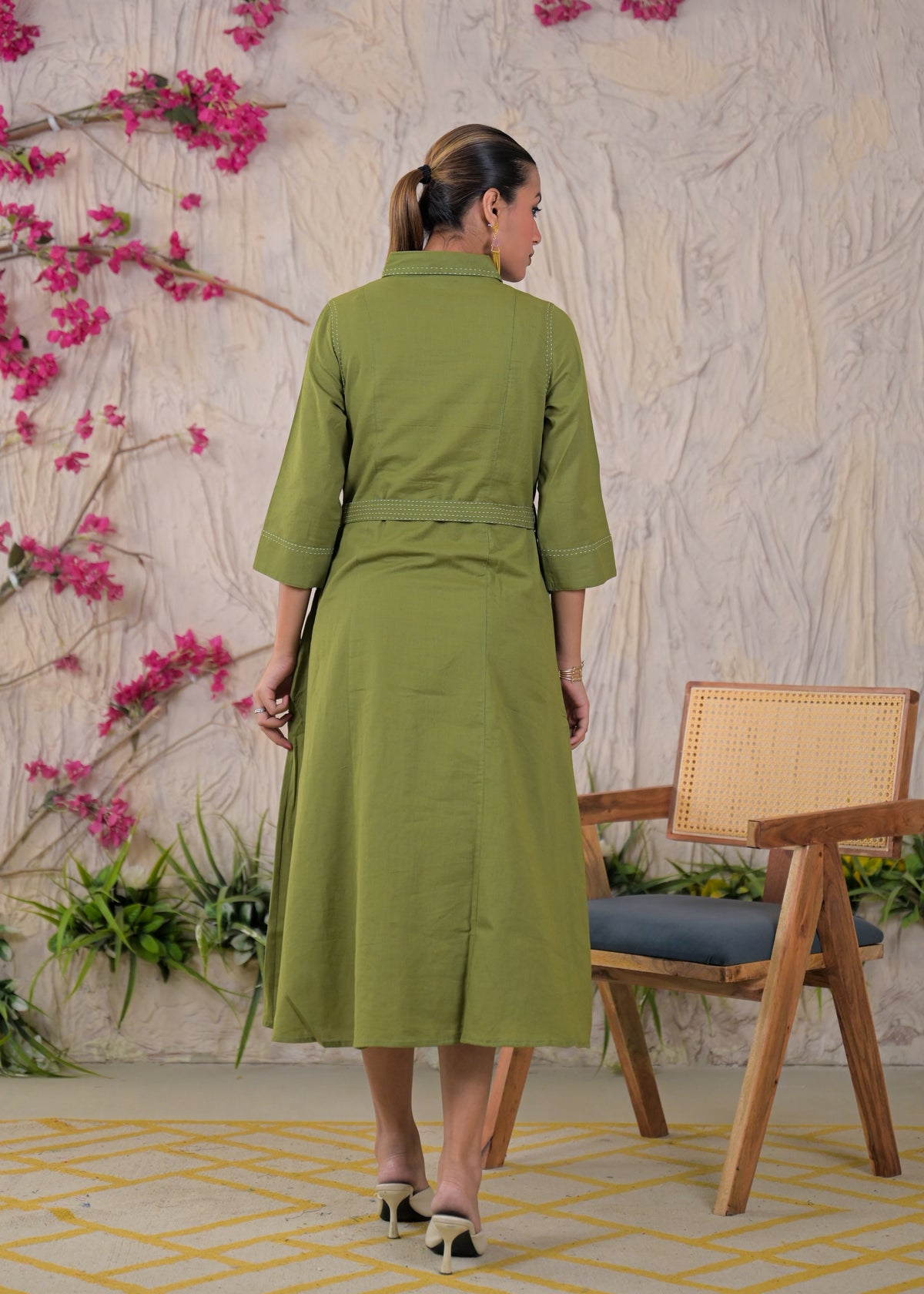 Contrast Stitch Belted Shirt Dress