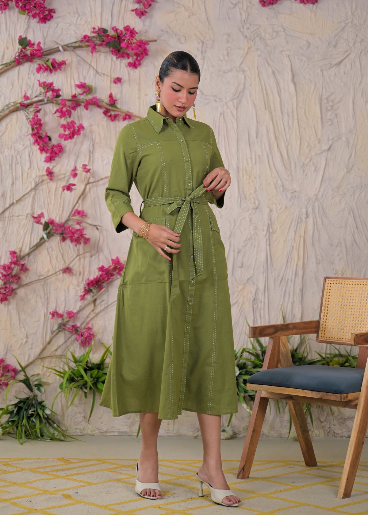 Contrast Stitch Belted Shirt Dress