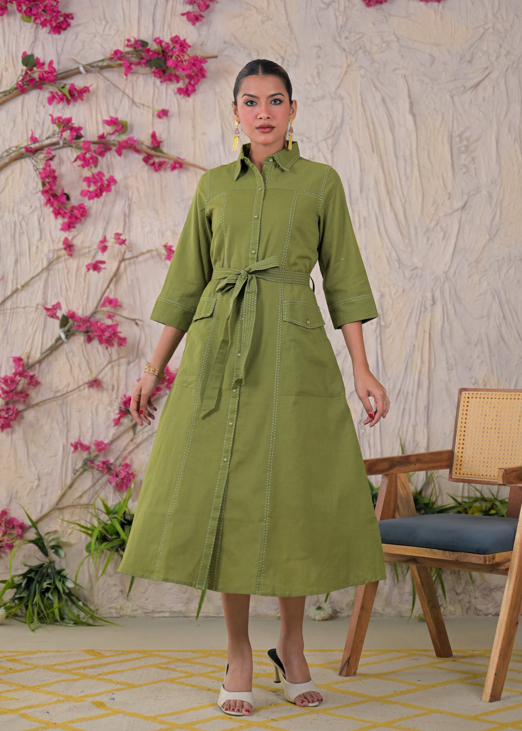 Solid Belted Shirt-Style Midi Dress