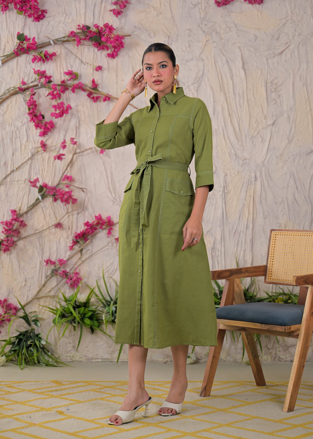 Solid Belted Shirt-Style Midi Dress