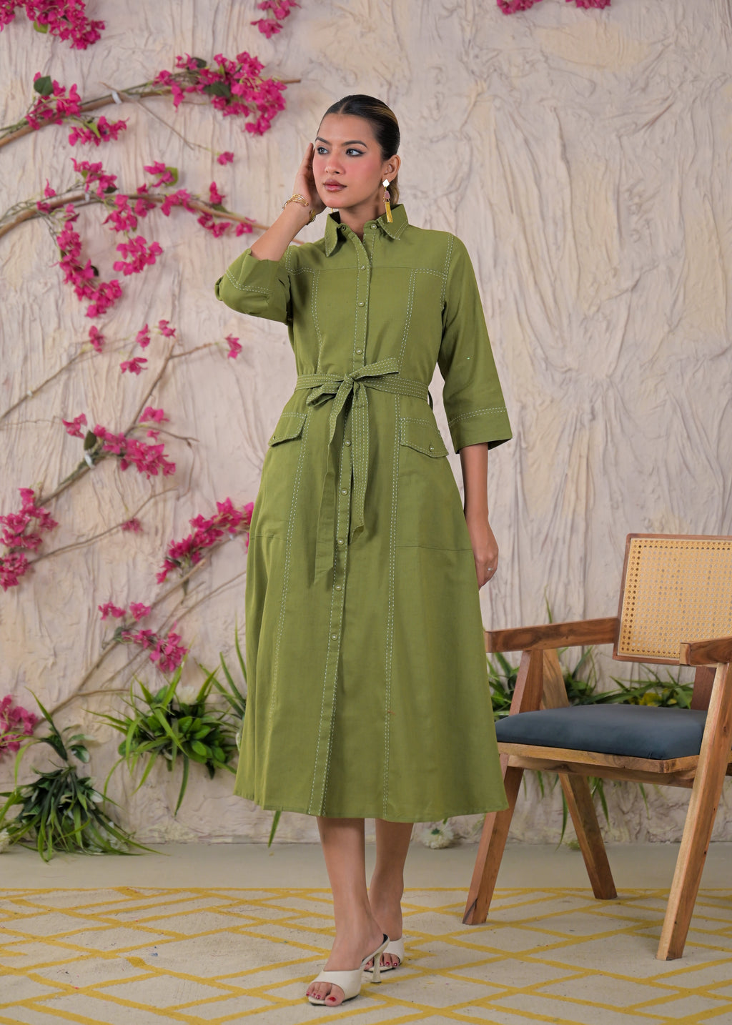 Contrast Stitch Belted Shirt Dress