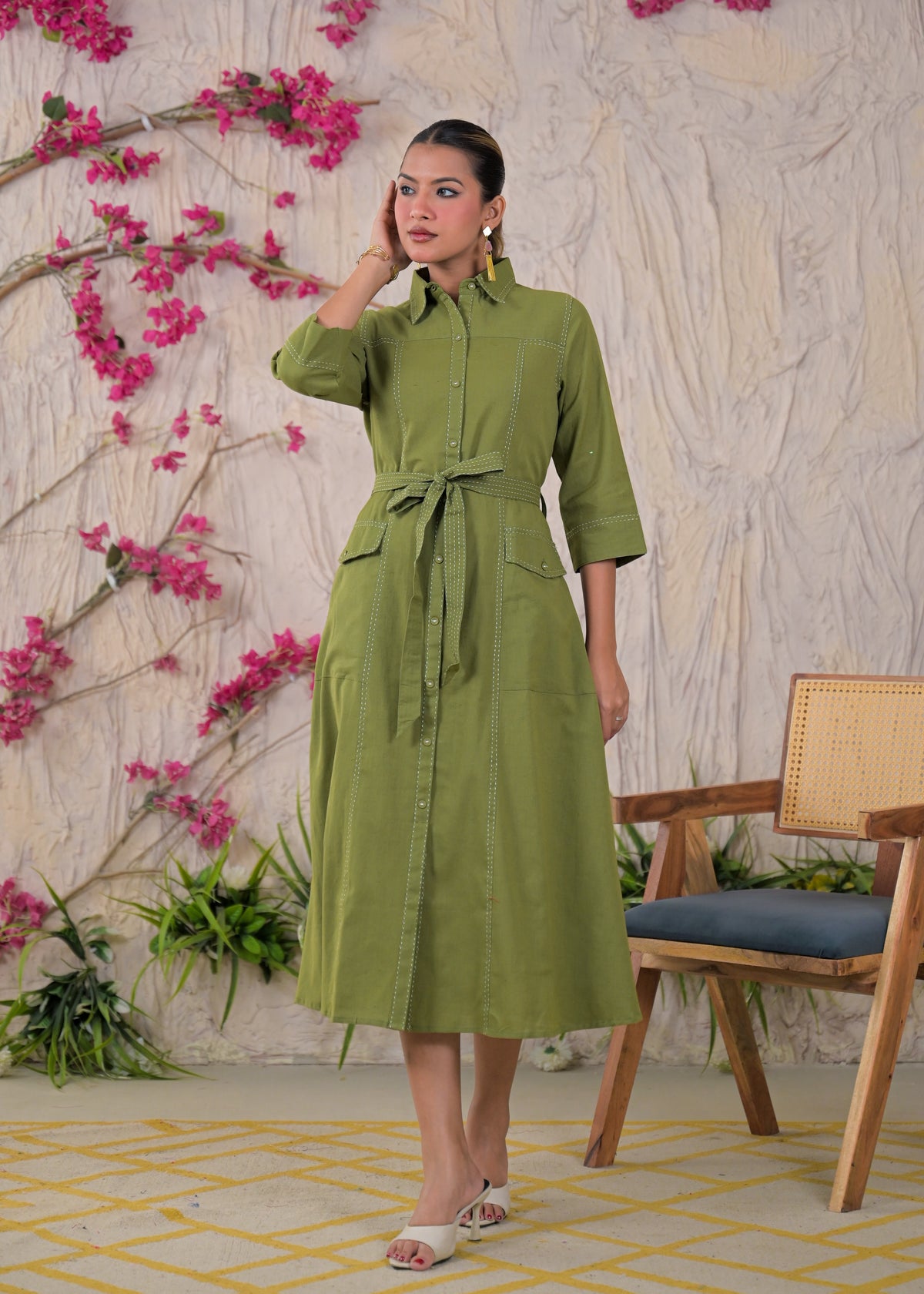 Contrast Stitch Belted Shirt Dress