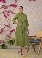 Contrast Stitch Belted Shirt Dress
