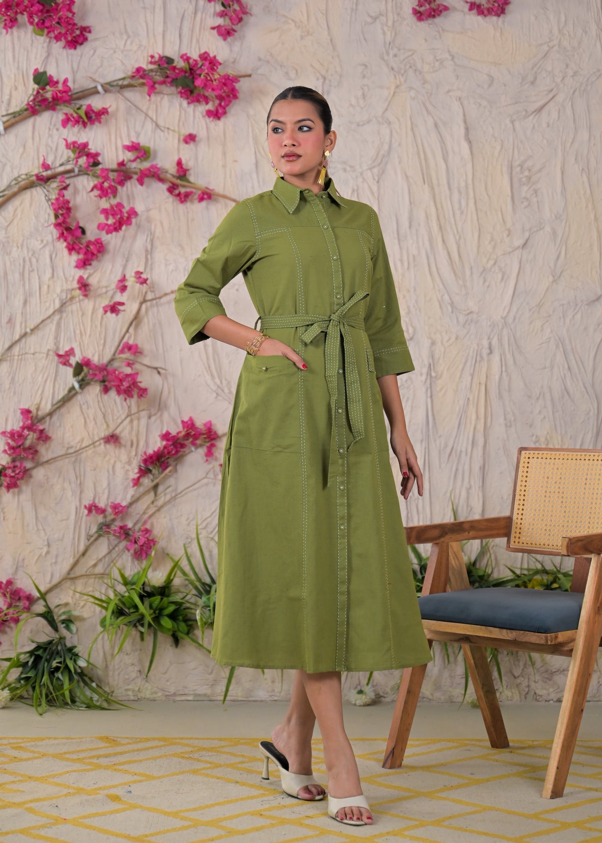 Contrast Stitch Belted Shirt Dress
