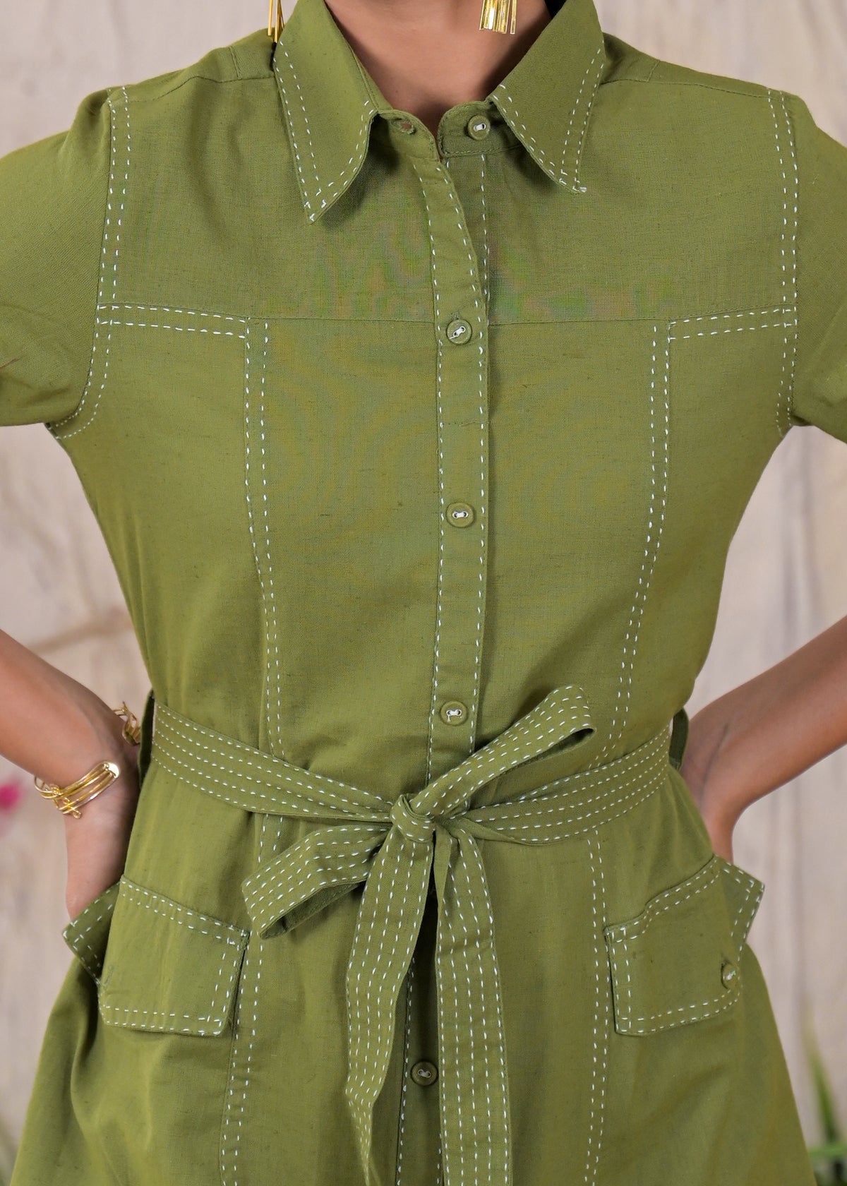Contrast Stitch Belted Shirt Dress