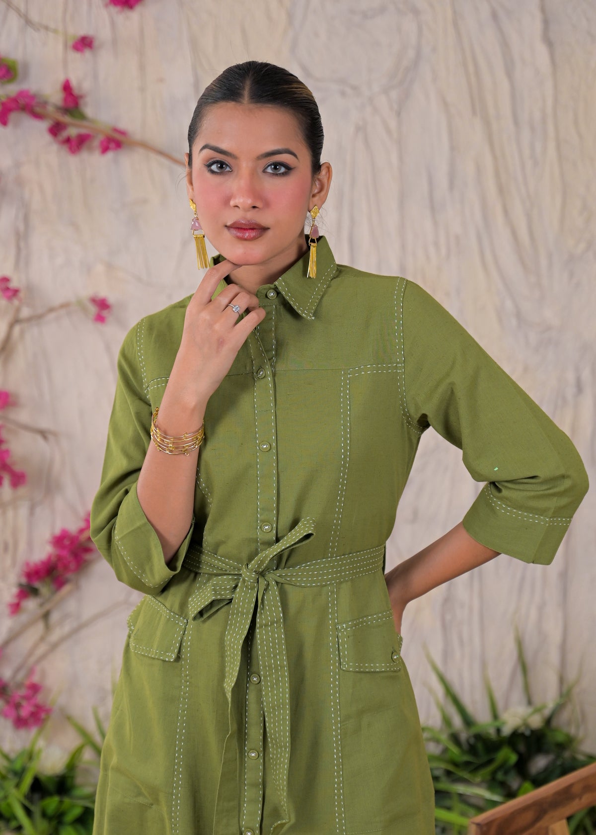 Contrast Stitch Belted Shirt Dress