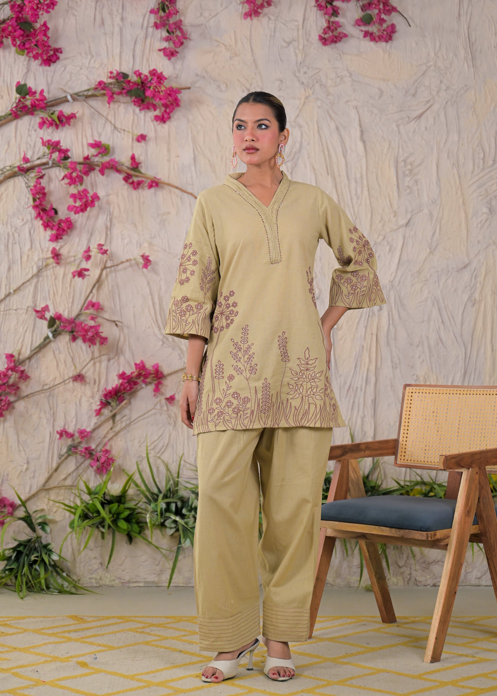Floral Embroidered V-Neck Kurta Pant Set