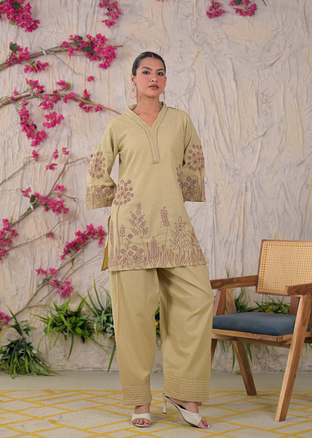 Floral Embroidered V-Neck Kurta Pant Set