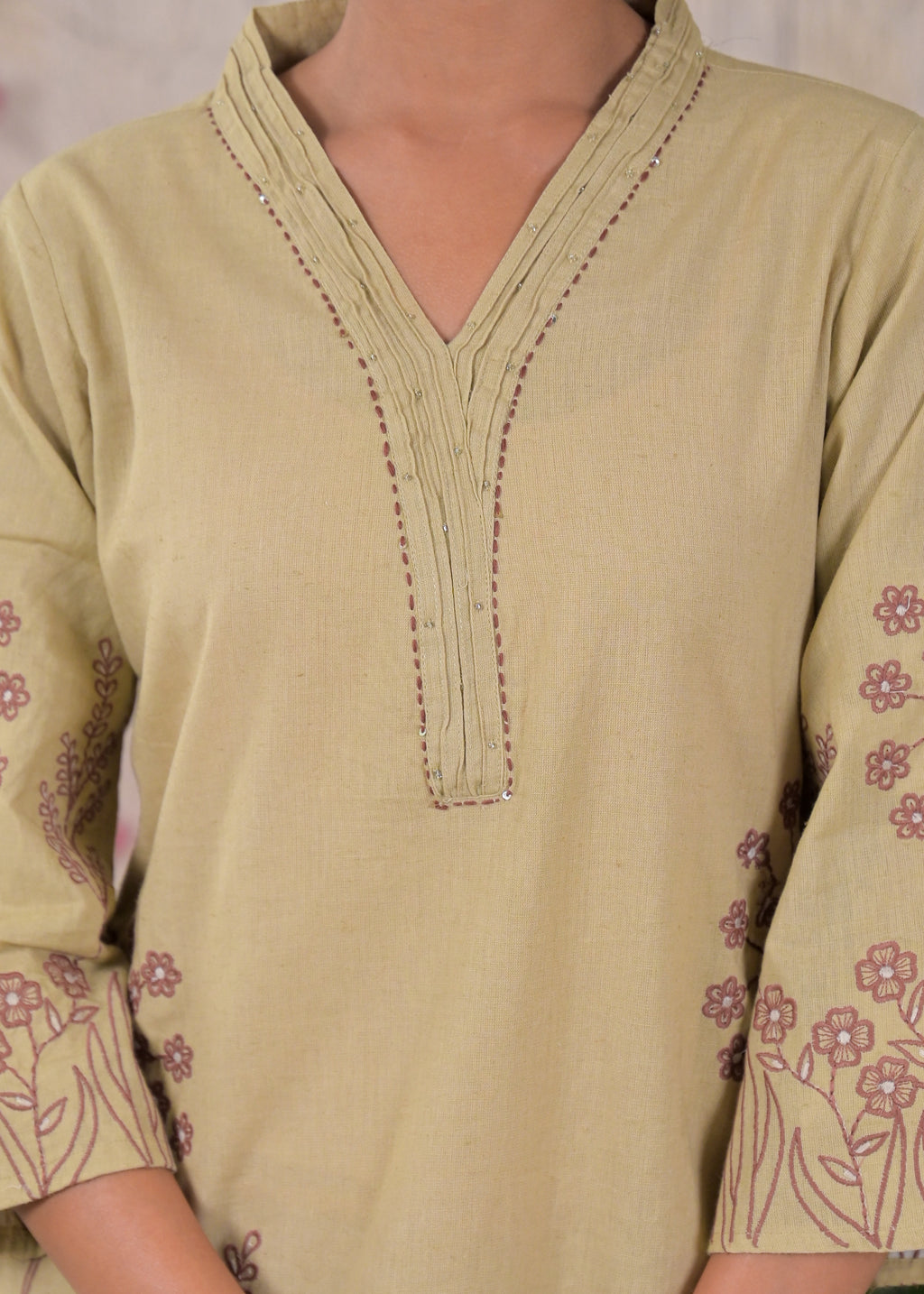 Floral Embroidered V-Neck Kurta Pant Set