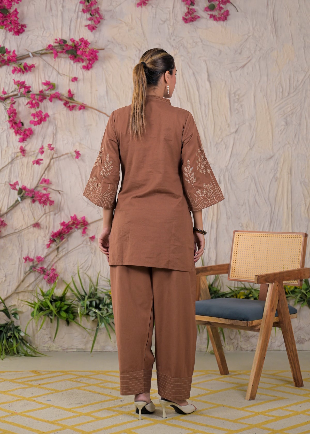 Floral Embroidered V-Neck Kurta Pant Set