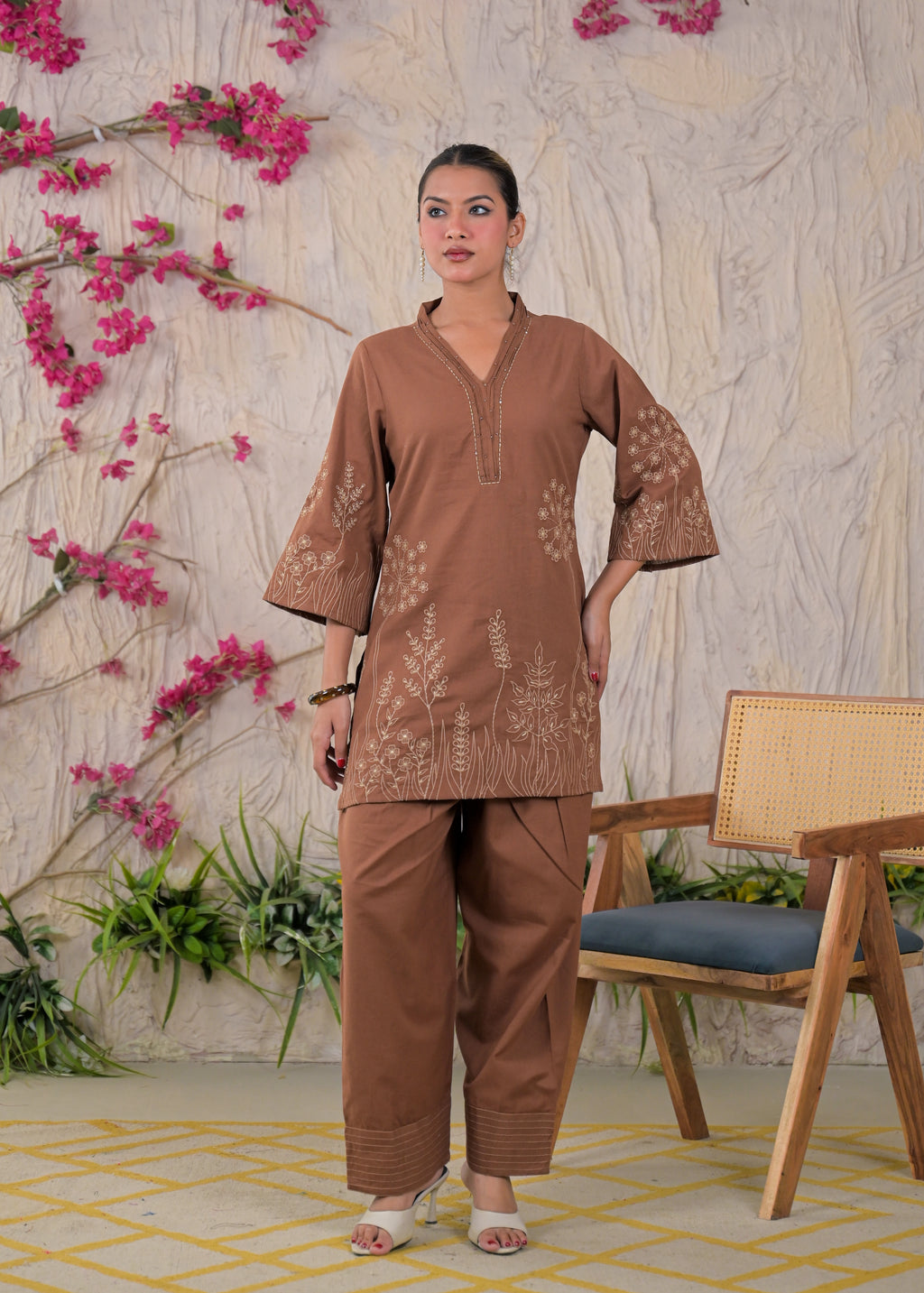 Floral Embroidered V-Neck Kurta Pant Set