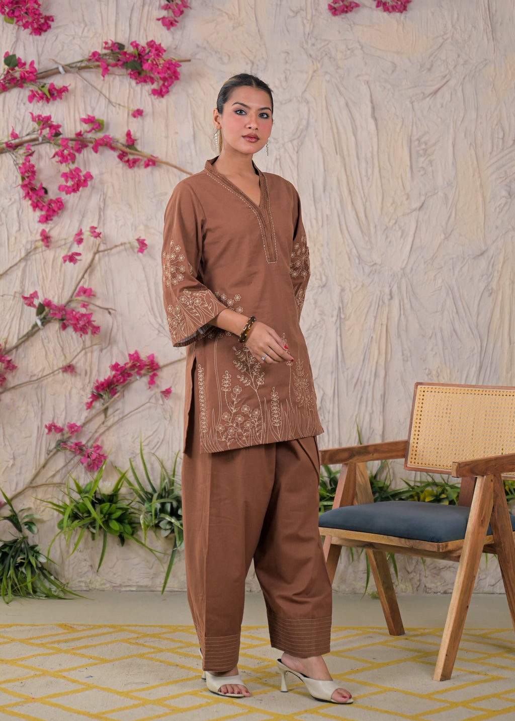 Floral Embroidered V-Neck Kurta Pant Set