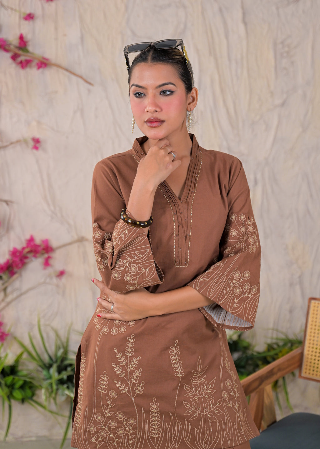 Floral Embroidered V-Neck Kurta Pant Set