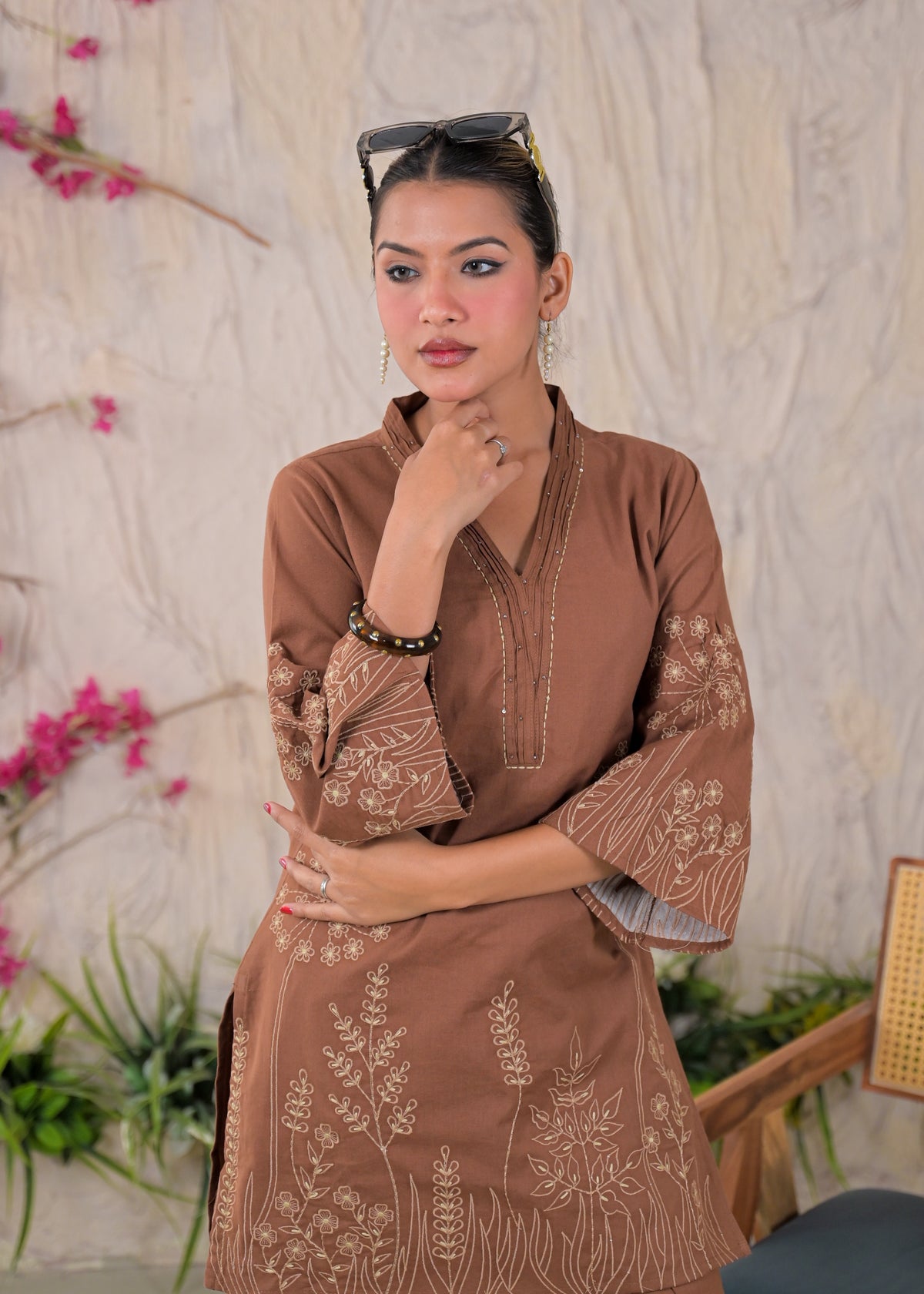 Floral Embroidered V-Neck Kurta Pant Set