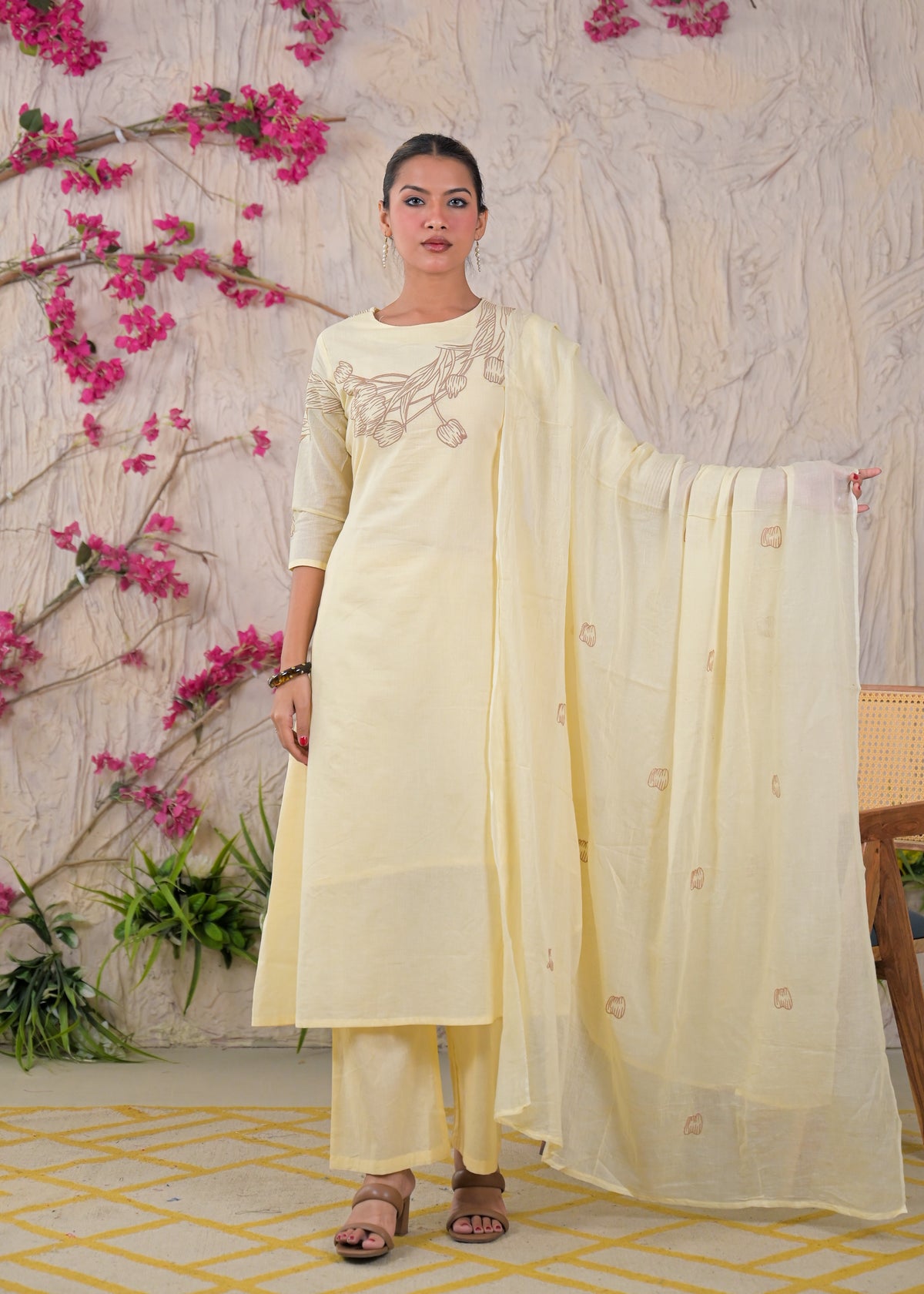Women’s Floral Embroidered Kurta Palazzo with Dupatta Set