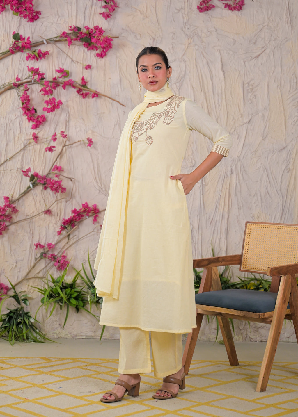 Women’s Floral Embroidered Kurta Palazzo with Dupatta Set