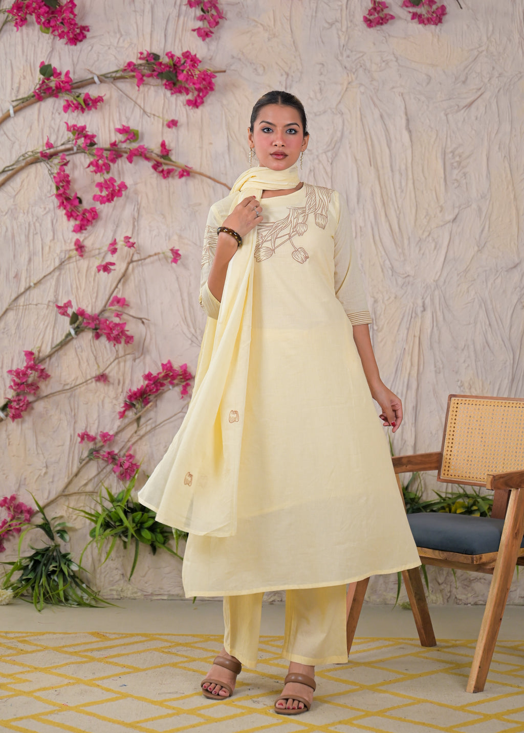 Women’s Floral Embroidered Kurta Palazzo with Dupatta Set
