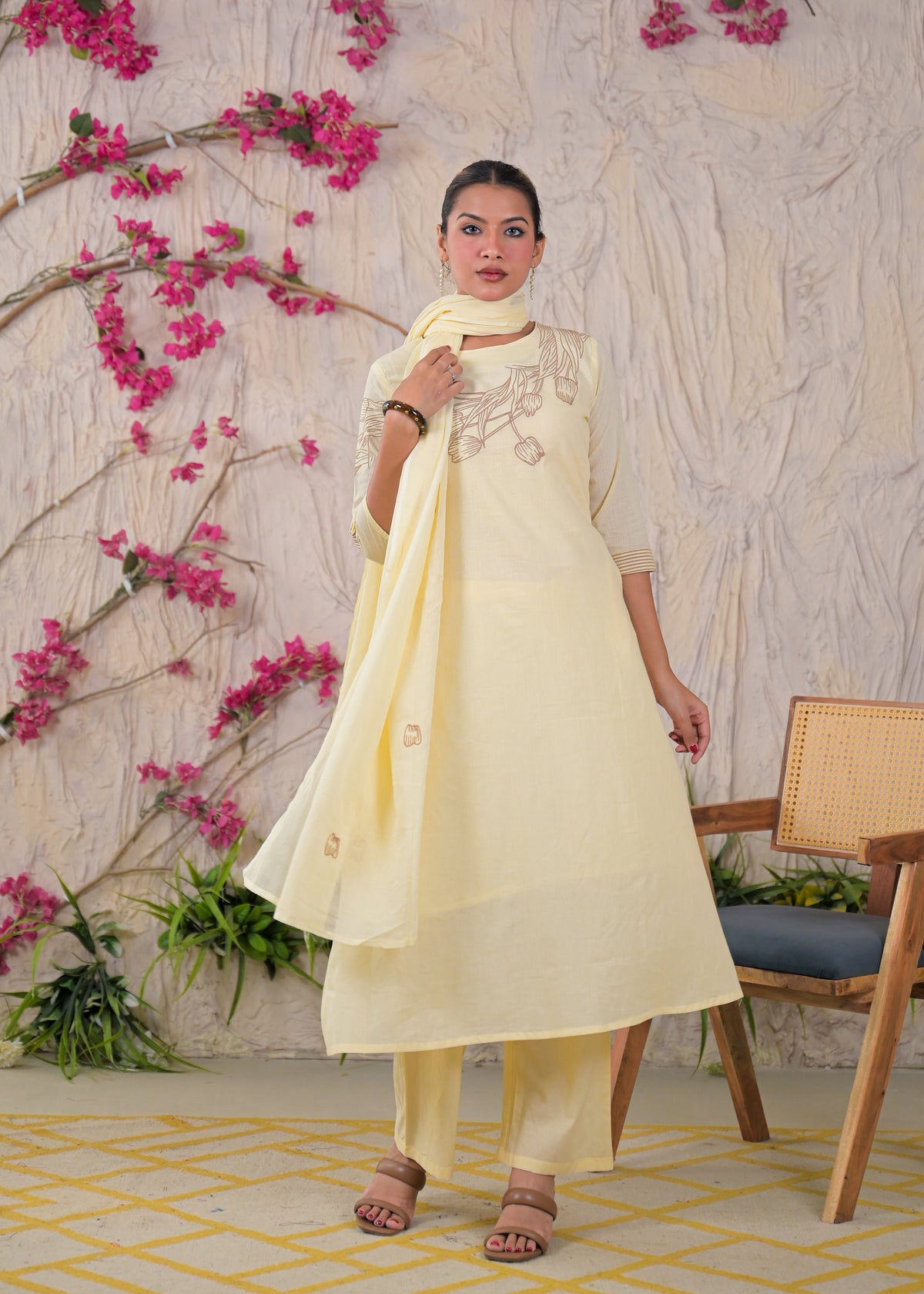 Women’s Floral Embroidered Kurta Palazzo with Dupatta Set