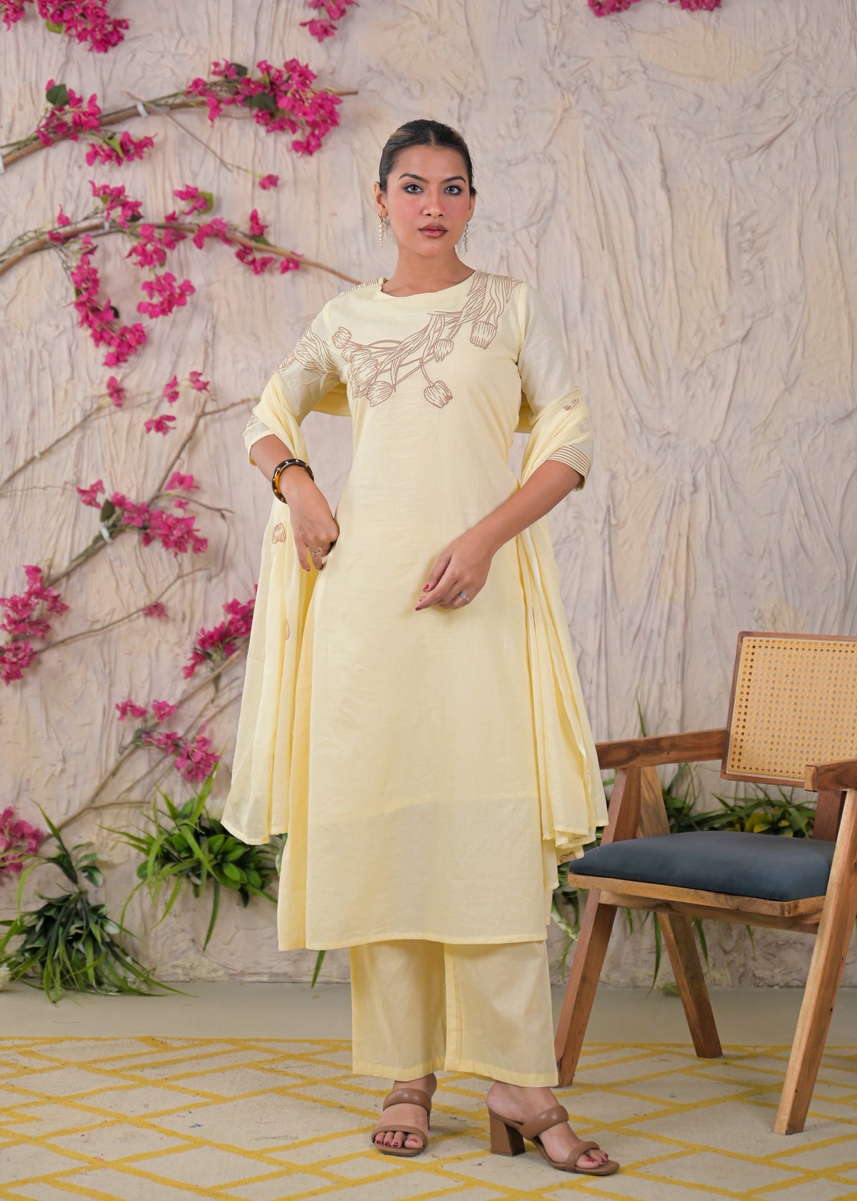 Women’s Floral Embroidered Kurta Palazzo with Dupatta Set