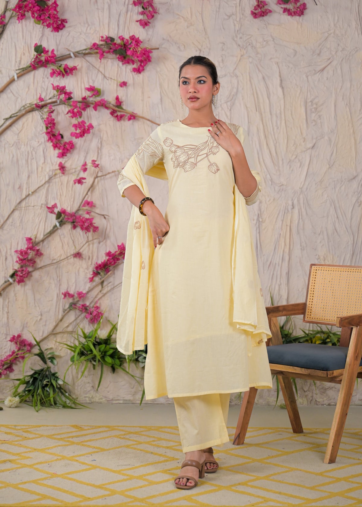 Women’s Floral Embroidered Kurta Palazzo with Dupatta Set