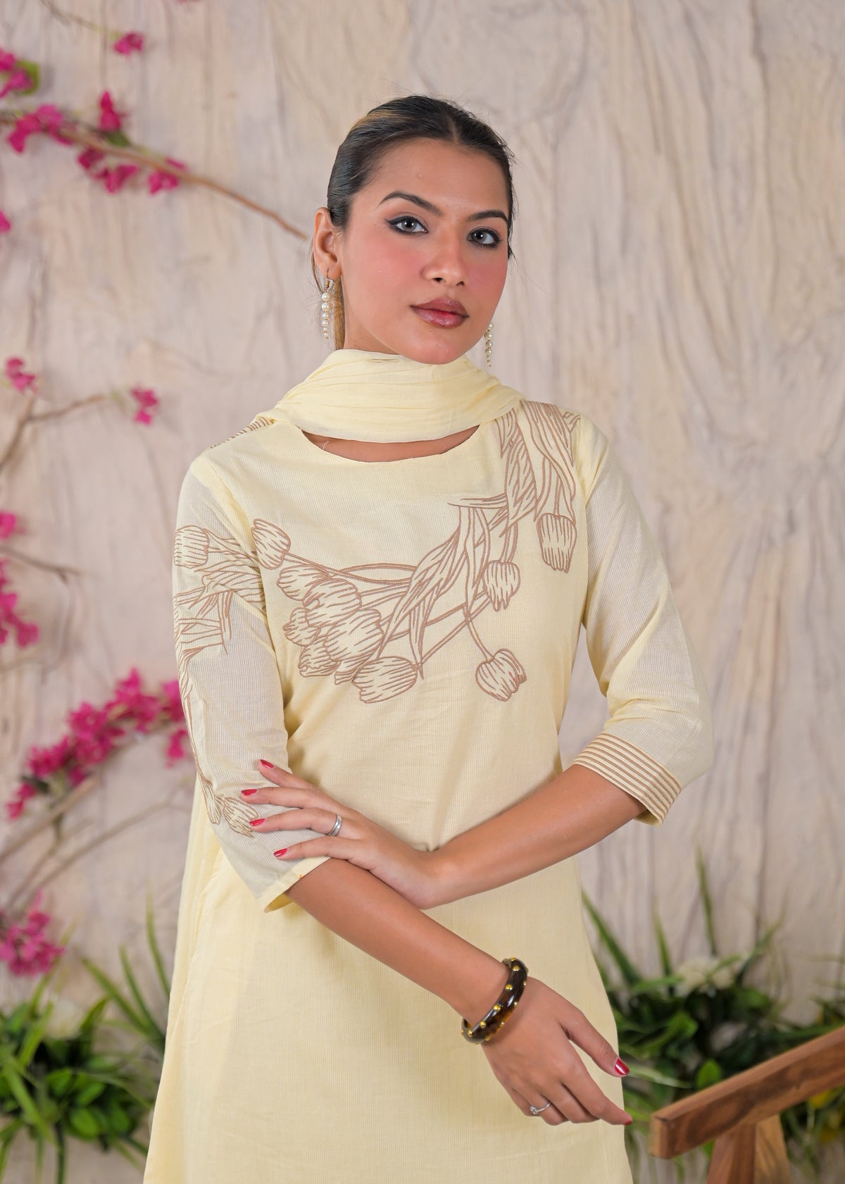 Women’s Floral Embroidered Kurta Palazzo with Dupatta Set