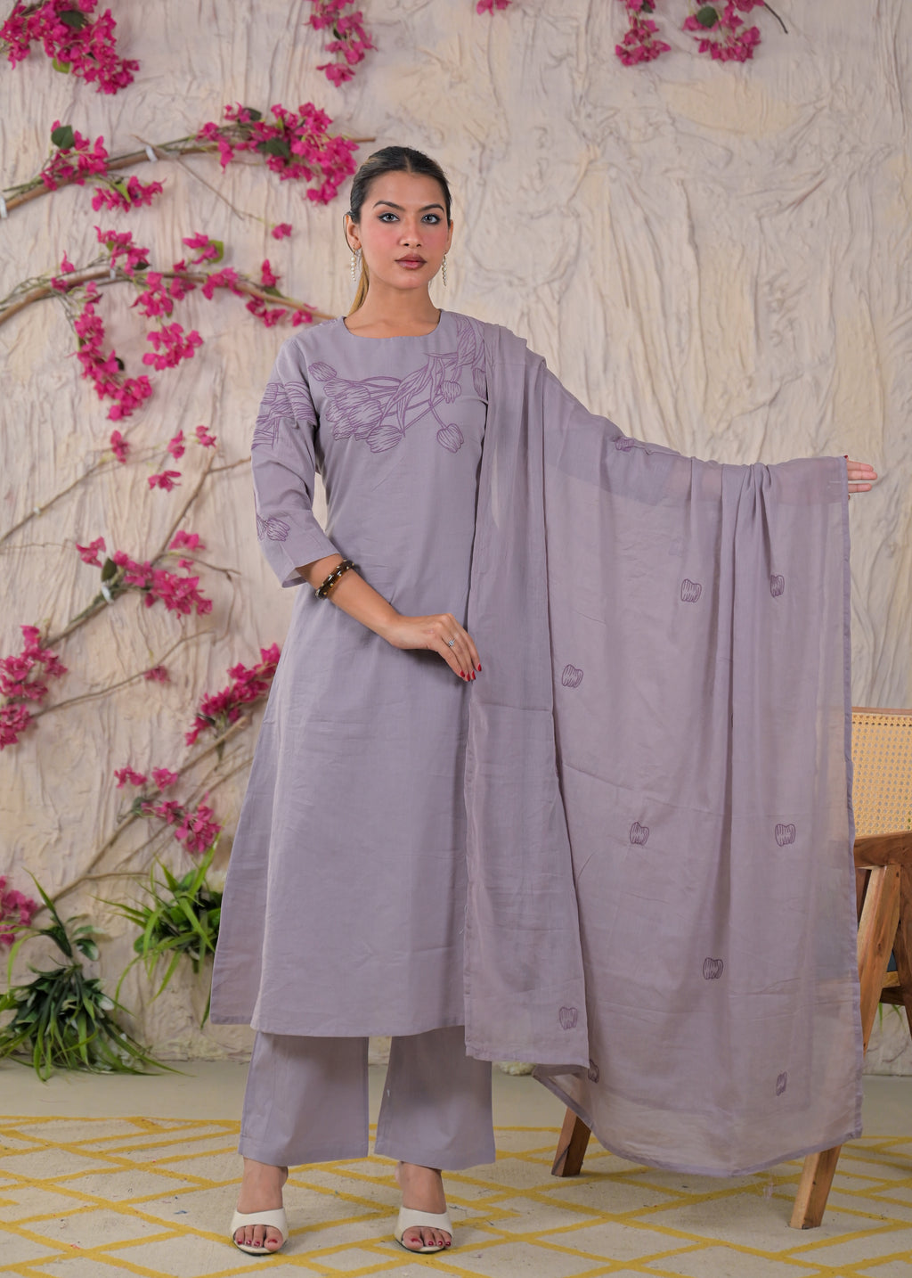 Women’s Floral Embroidered Kurta Palazzo with Dupatta Set