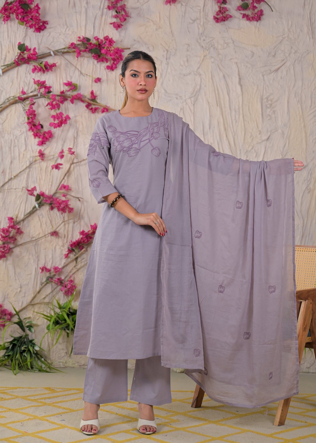 Women’s Floral Embroidered Kurta Palazzo with Dupatta Set