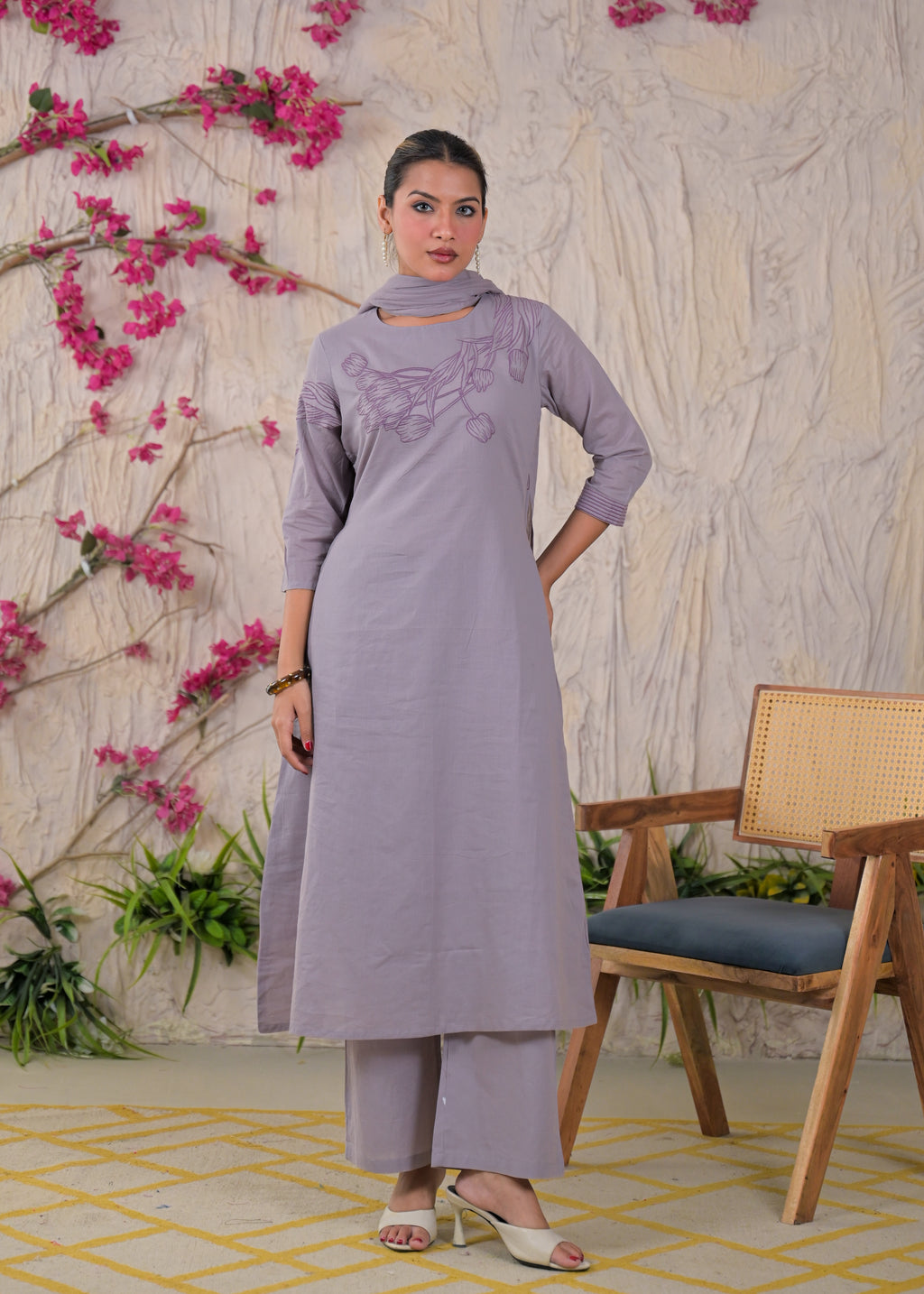 Women’s Floral Embroidered Kurta Palazzo with Dupatta Set