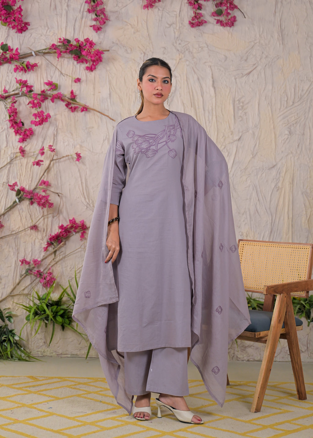 Women’s Floral Embroidered Kurta Palazzo with Dupatta Set