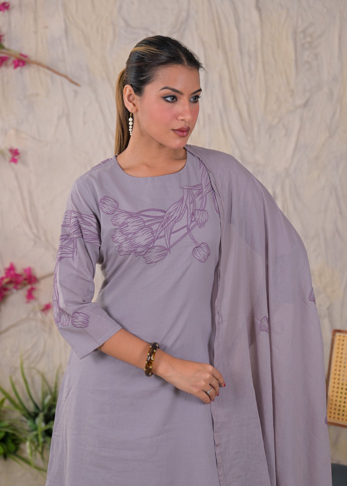 Women’s Floral Embroidered Kurta Palazzo with Dupatta Set