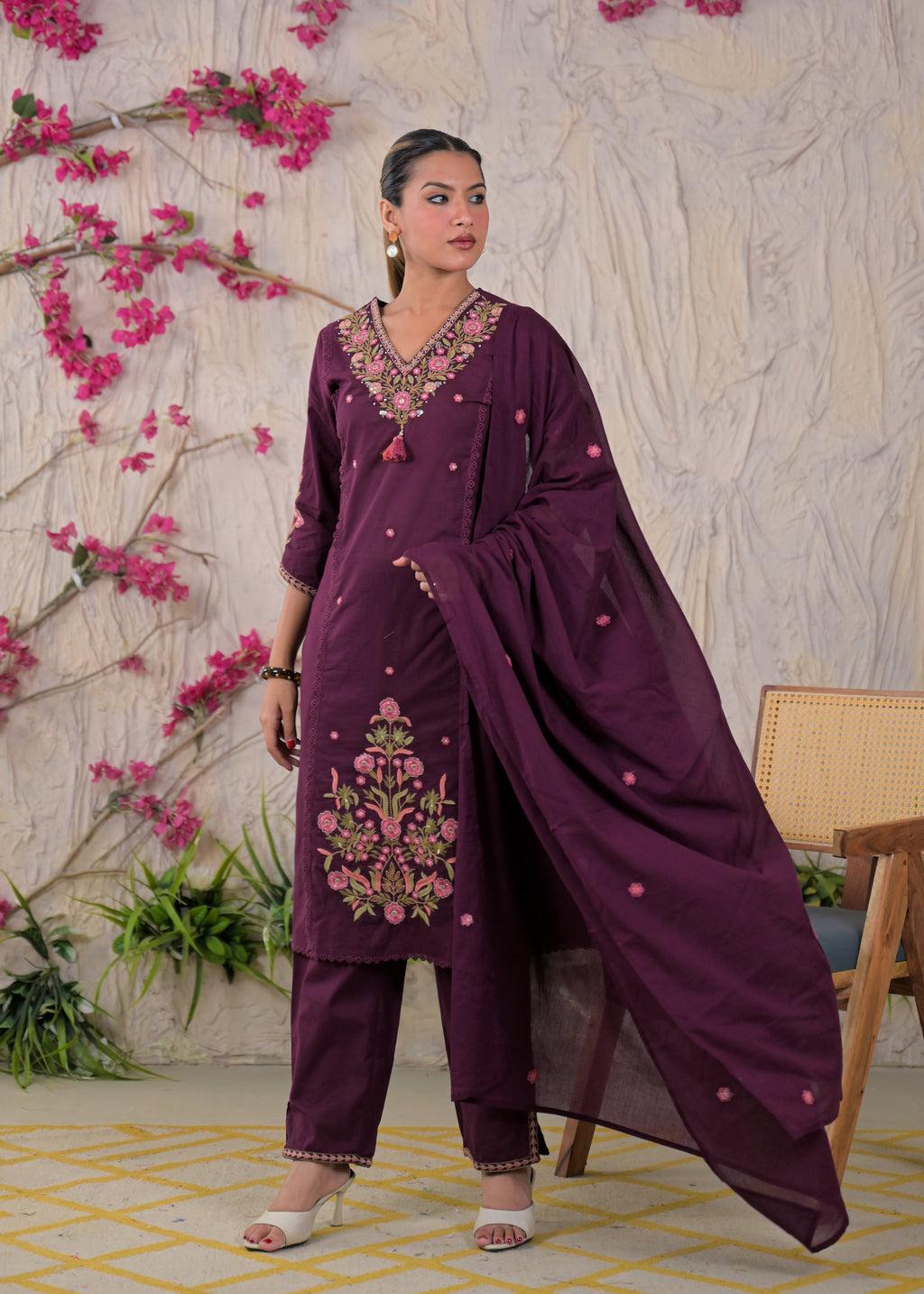 Embroidered Chanderi 3-Piece Suit Set