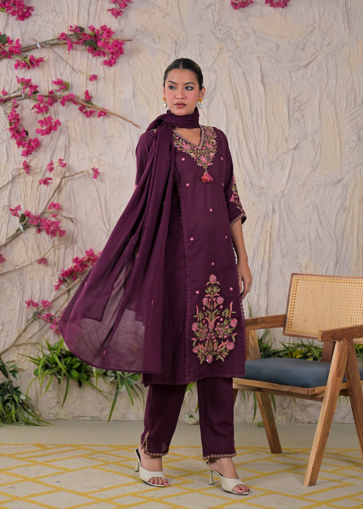 Embroidered Chanderi 3-Piece Suit Set