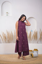 High-Neck Sleeveless Motif Cotton 2-Piece Kurta Set