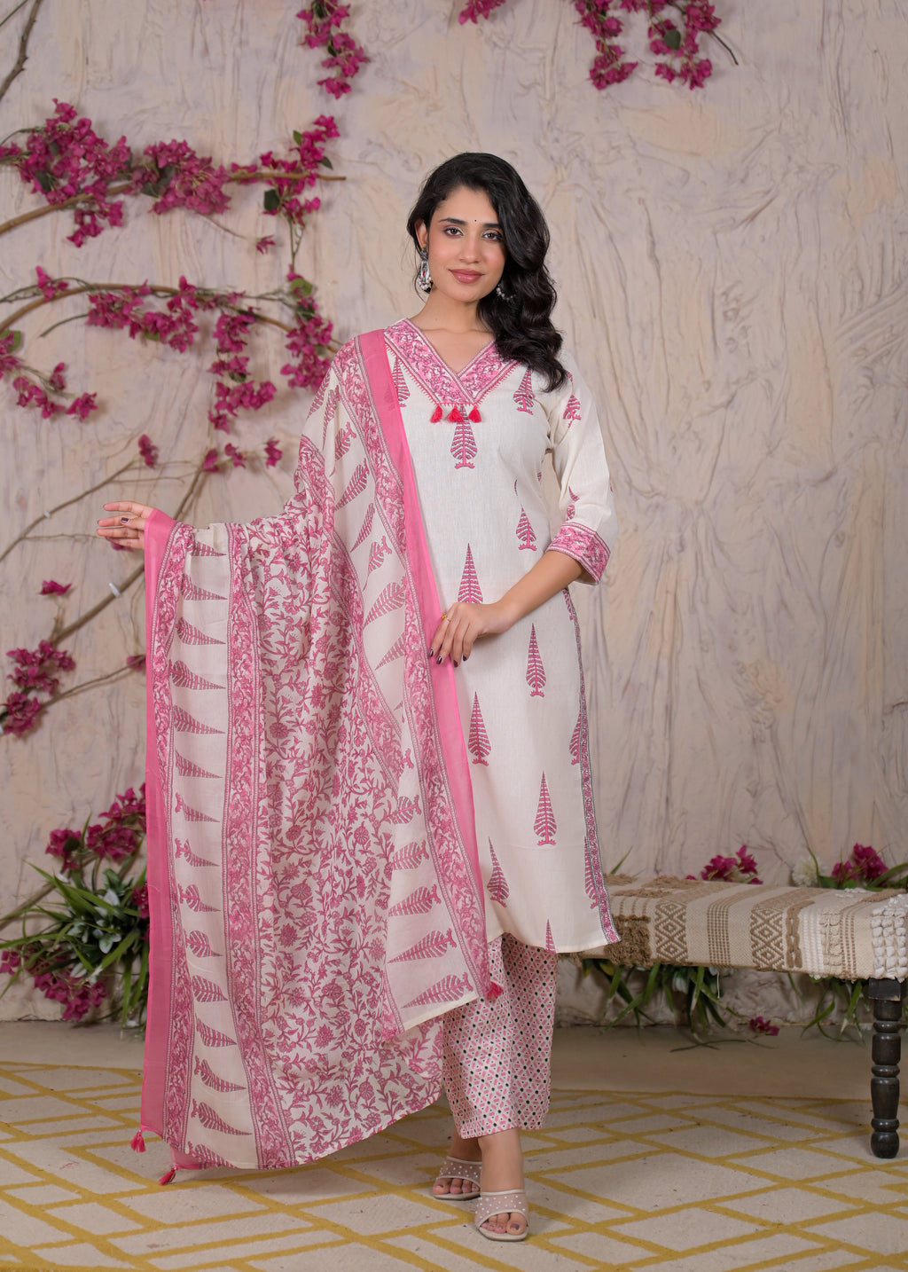 Women Jaipuri Block Printed 3 Piece Straight Kurta Pant Set with Dupatta
