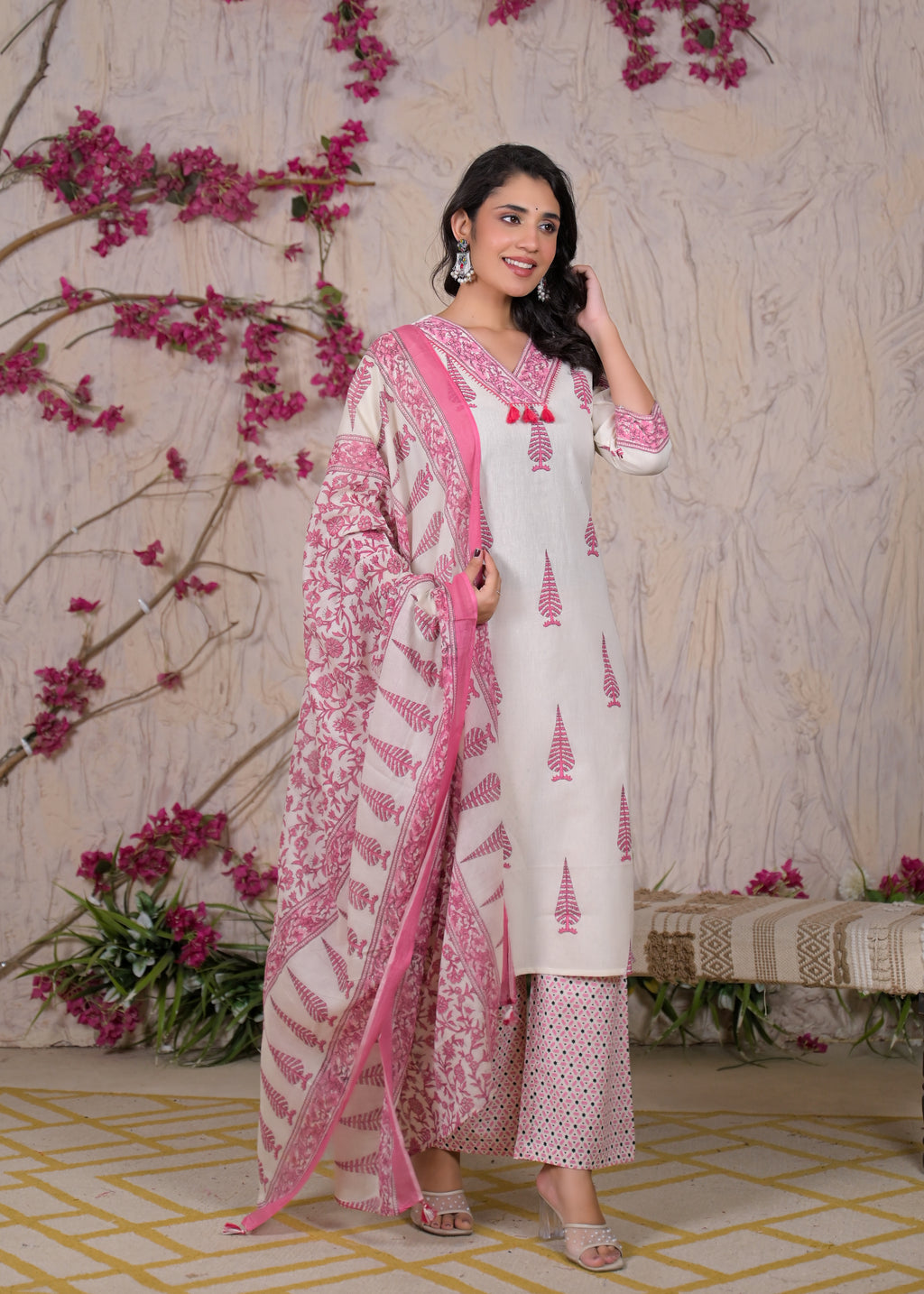 Women Jaipuri Block Printed 3 Piece Straight Kurta Pant Set with Dupatta