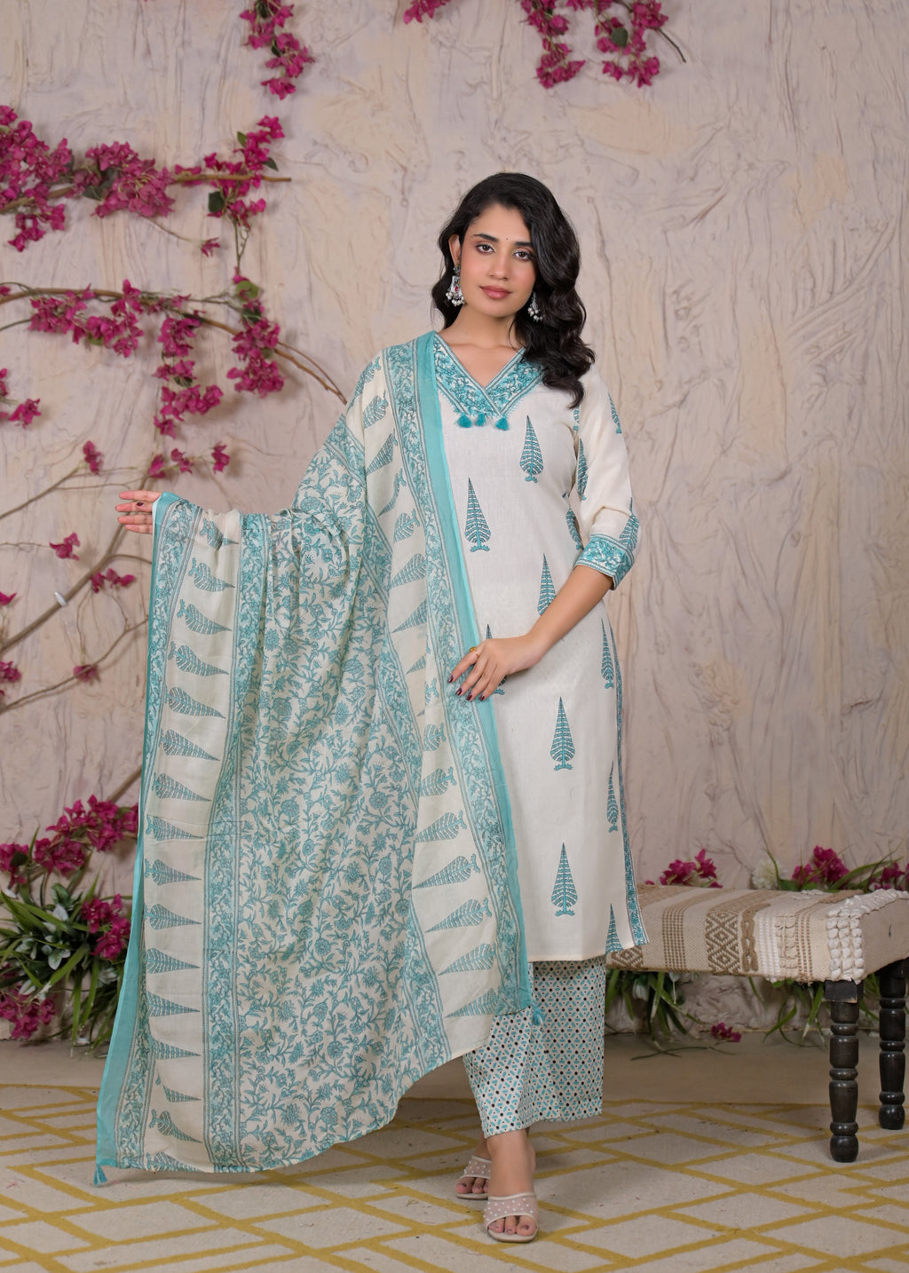 Women Jaipuri Block Printed 3 Piece Straight Kurta Pant Set with Dupatta