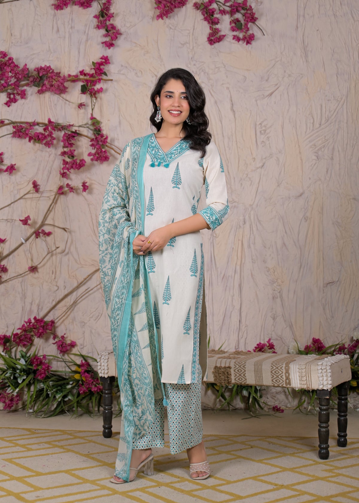 Women Jaipuri Block Printed 3 Piece Straight Kurta Pant Set with Dupatta