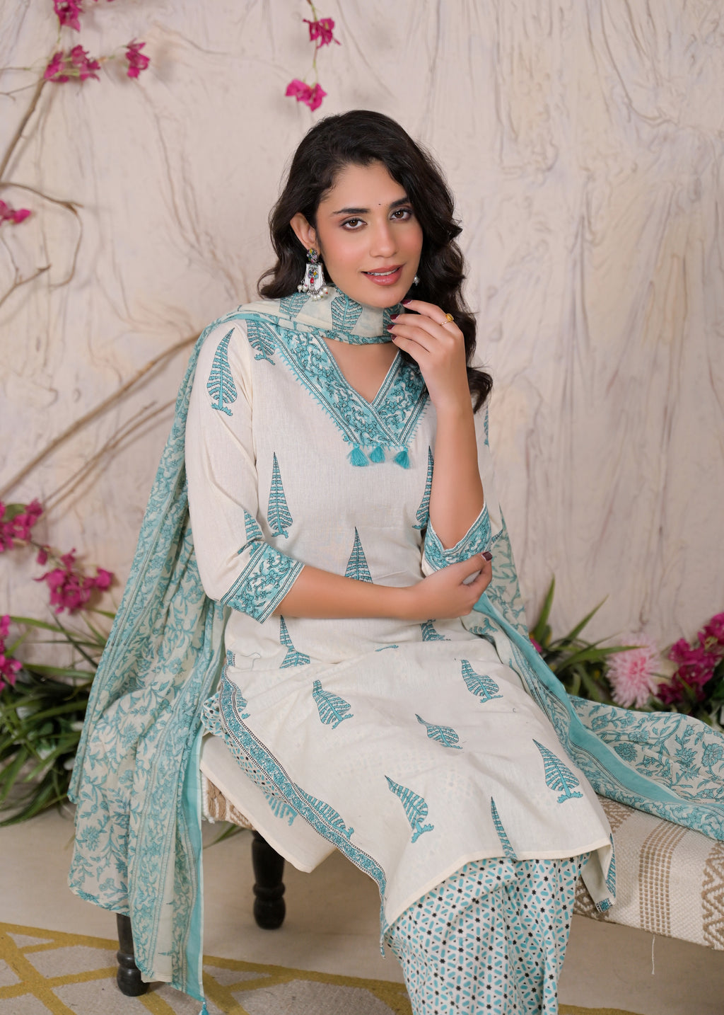 Women Jaipuri Block Printed 3 Piece Straight Kurta Pant Set with Dupatta