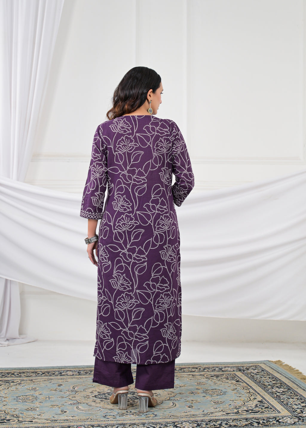 V-Neck Floral Line-Art Cotton 3-Piece Kurta Set with Dupatta