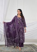 V-Neck Floral Line-Art Cotton 3-Piece Kurta Set with Dupatta