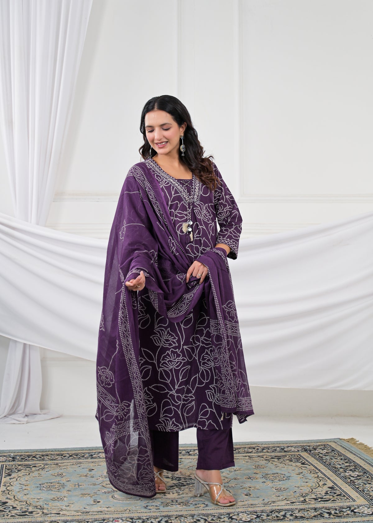 V-Neck Floral Line-Art Cotton 3-Piece Kurta Set with Dupatta