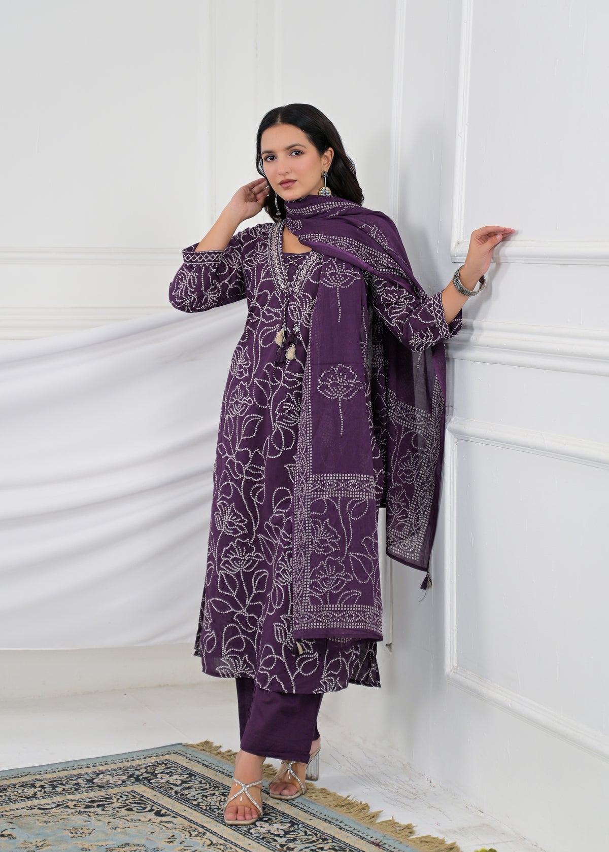V-Neck Floral Line-Art Cotton 3-Piece Kurta Set with Dupatta