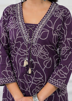 V-Neck Floral Line-Art Cotton 3-Piece Kurta Set with Dupatta