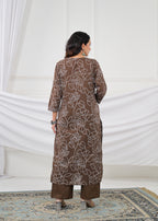 V-Neck Floral Line-Art Cotton 3-Piece Kurta Set with Dupatta