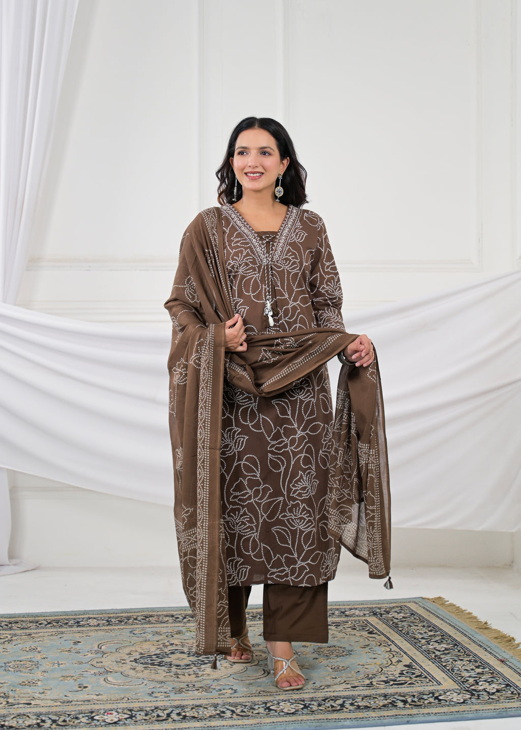 V-Neck Floral Line-Art Cotton 3-Piece Kurta Set with Dupatta