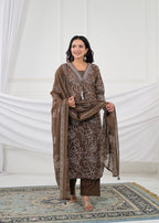 V-Neck Floral Line-Art Cotton 3-Piece Kurta Set with Dupatta