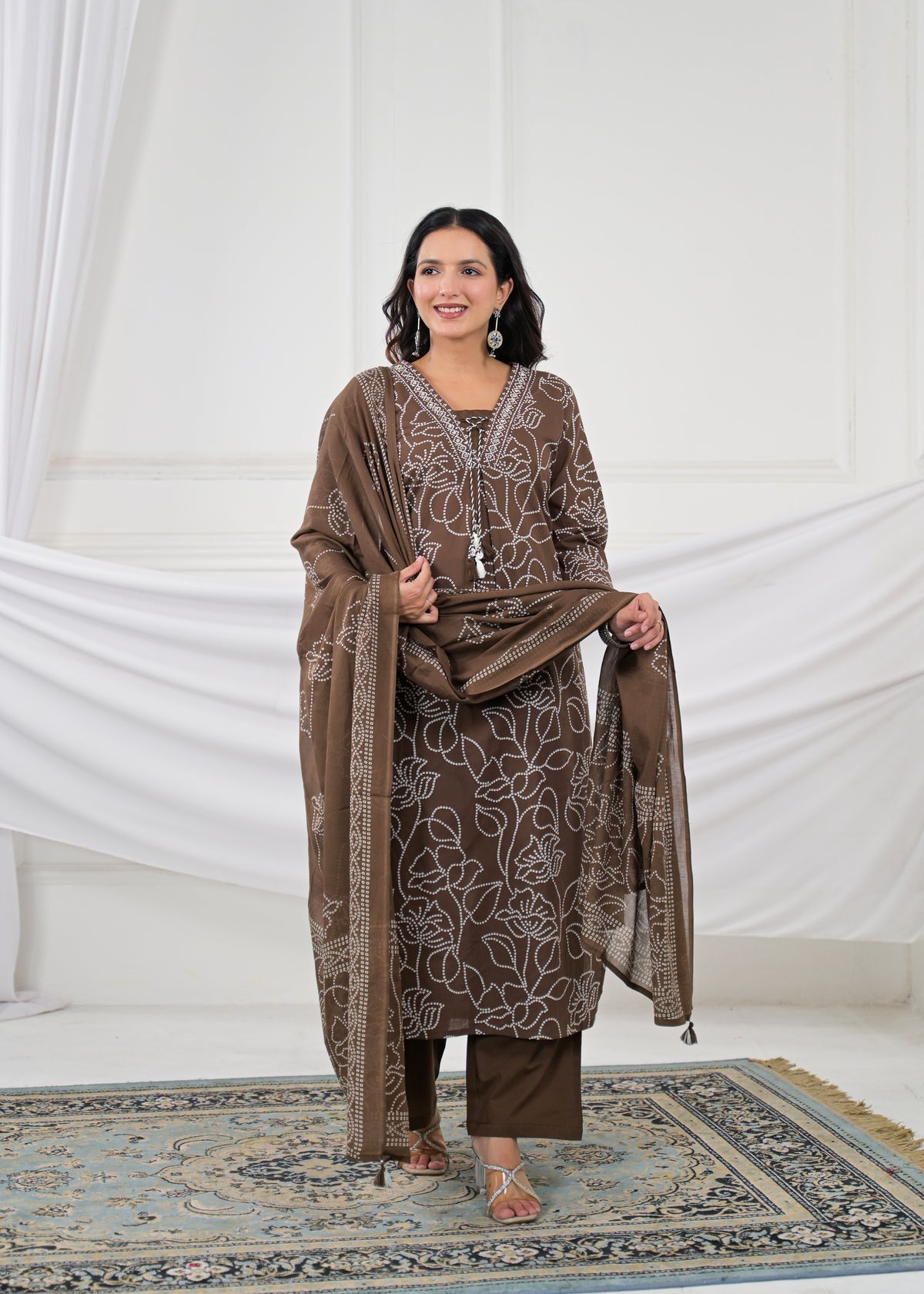 V-Neck Floral Line-Art Cotton 3-Piece Kurta Set with Dupatta