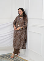 V-Neck Floral Line-Art Cotton 3-Piece Kurta Set with Dupatta